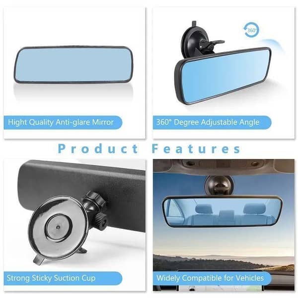 Car Universal Rearview Mirror for Cars and Trucks Anti-Glare Panoramic Clip for Wide Angle Interior Rearview Mirror (Blue Mirror/with Suction Cup)