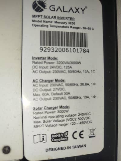 Galaxy Mercury 3200 MPPT Solar Inverter – Excellent Condition