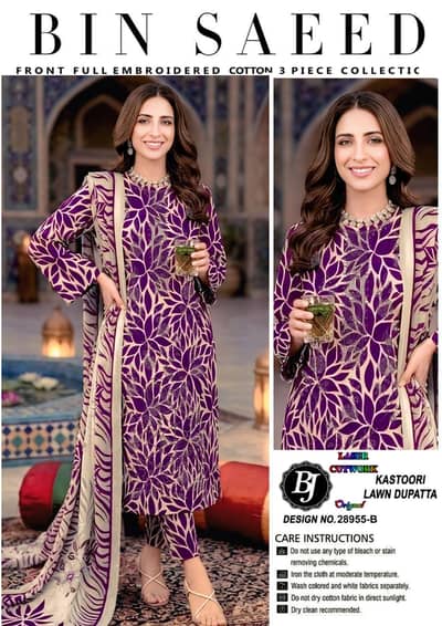 Brand New Bin Saeed Kastori Lawn 3-Piece Embroidered Suit (Unstitched)