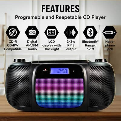 Magnavox BOOM BOX Digital,Bluetooth CD AM/FM Radio,ColorChanging Light