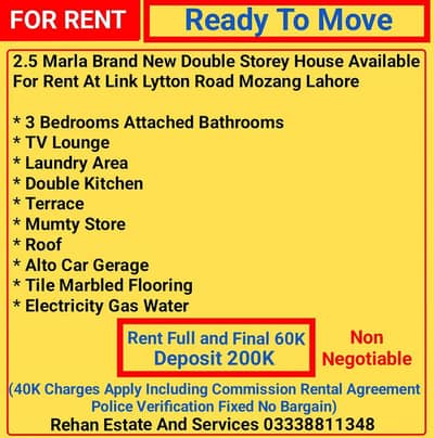 2.5 Marla Double Storey New House For Rent At Link Lytton Road LHR