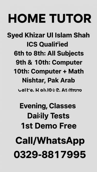 Home Tutor for 6th-10th in Nishter | Computer + Math | 1st Demo Free