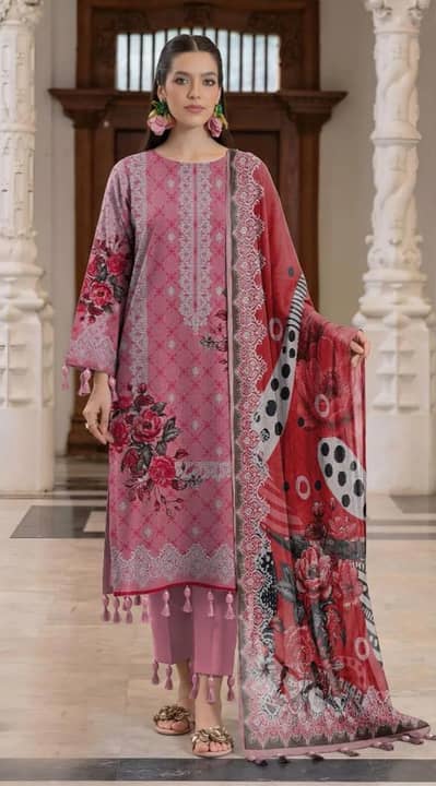 Peach printed lawn 3 piece women suit
