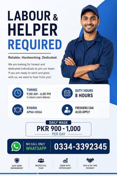 Labour & Helper Required Age Limit: 17–30 Years