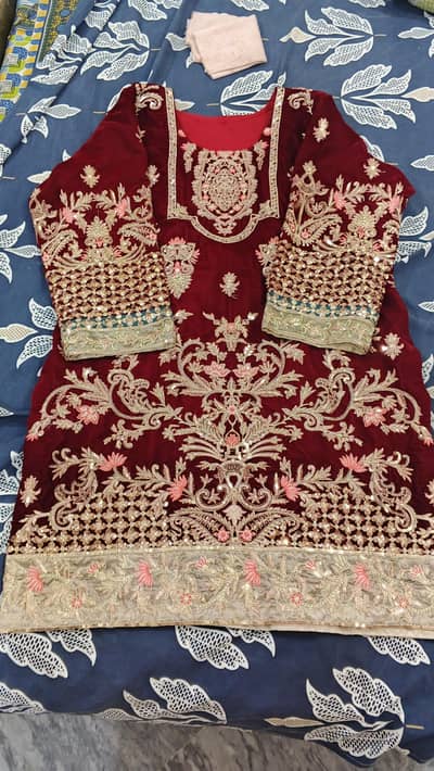 Luxury Maroon Embroidered 3 Piece Dress – Excellent Condition