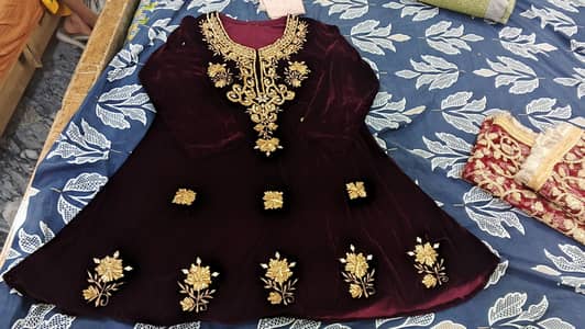 Elegant Maroon Velvet 3 Piece Dress with Heavy Golden Work