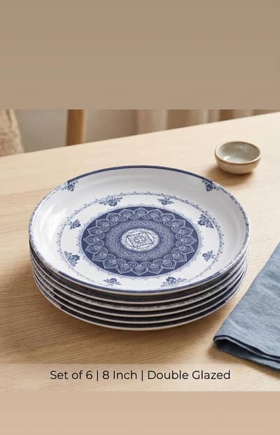 Premium Blue Mandala Dinner Set - Pack of 6, Double Glazed (8 Inch)