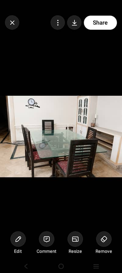 Dining table with glass top and wooden chairs for sale