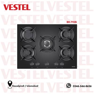 VESTEL 5 Burner Black Glass Gas Hob – 75cm