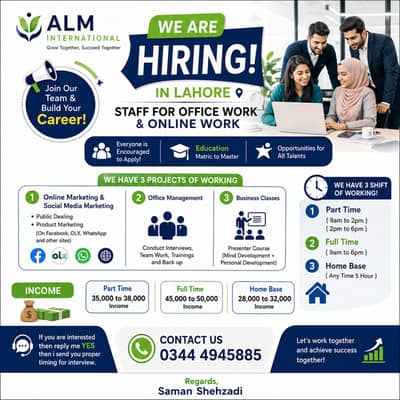 Office & Online work Jobs Available -  Male/Female (Lahore)