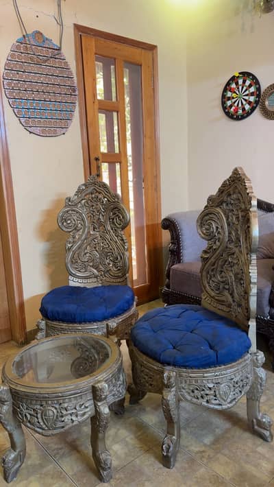 Royal Hand-Carved Wooden Chair Set with Table (2 Chairs + 1 table)