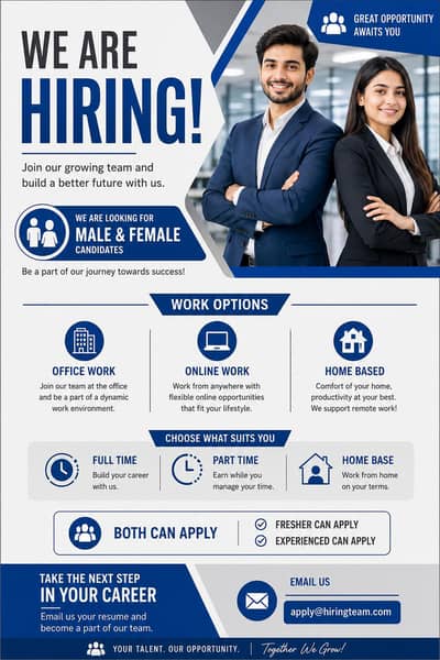 we are hiring male and female staff for work