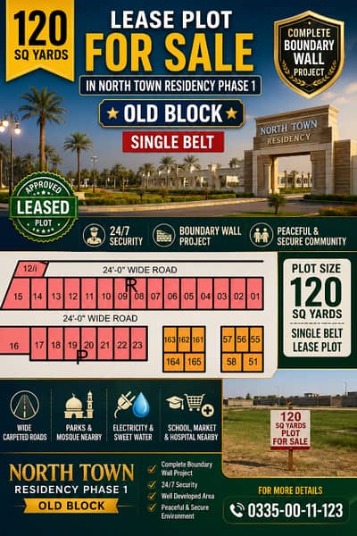 120 Sq. Yards Lease Plot for Sale | Single Belt | Prime Location | Old Block | North Town Residency Phase 1 Description
