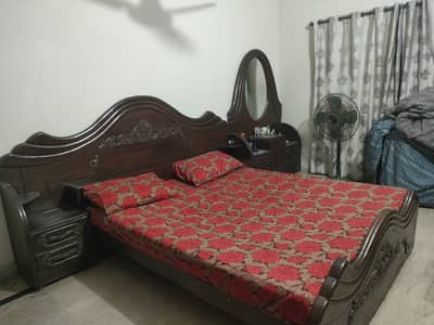 King Size Wooden Bed with Attached Side Tables – Clean Condition