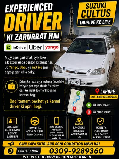 Driver Required for Suzuki Cultus – inDrive / Uber / Yango