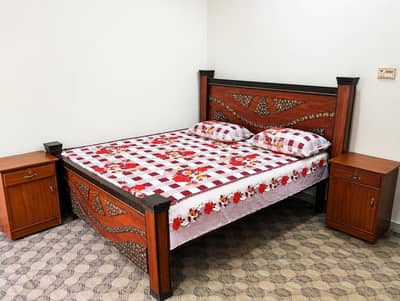Wooden Double Bed with 2 Side Tables – 9.5/10 Condition | 1 Year Used