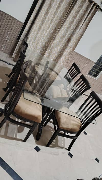 6 Seater Solid Wood Dining Table Set with Glass Top