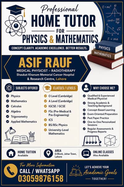 Home Tutor for O Level, A Level, IGCSE, FSc, Physics & Mathematics –