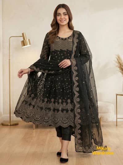Elegant Black Embroidered Frock with Pure Grip Capri – Medium
