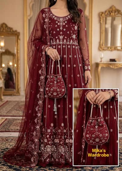 Stunning Maroon Embroidered Net Maxi – Formal/Wedding Wear