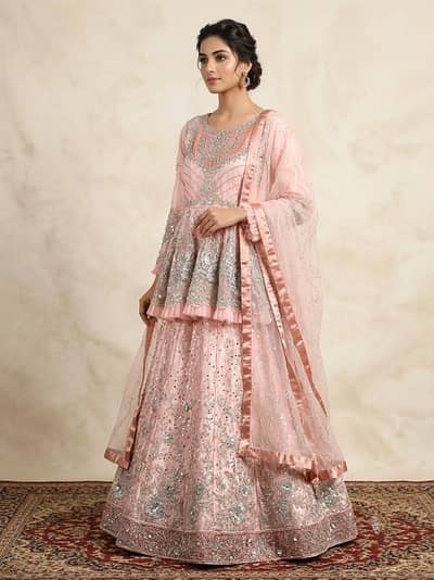 Exquisite Peach Embroidered Frock and Lehnga Set – Premium Quality