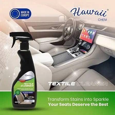 HAWAII BRAND MADE IN EUROPE ADVANCED CAR TEXTILE CLEANER REMOVES STAINS INGRAINED DIRT , DUST, TRACES AND GREASY RESIDUES FOR SEATS, CARPETS, MATS NO WATER NEEDED BLEACH FREE, NEUTRAL pH FORMULA 500ML