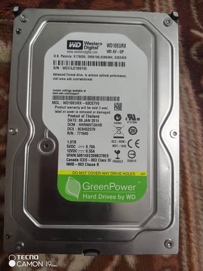 WD 1TB HARD DRIVE      GREEN POWER     100% HEALTH