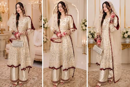 Heavy Embroidered Cream & Maroon Bridal Sharara Dress - 3 Piece