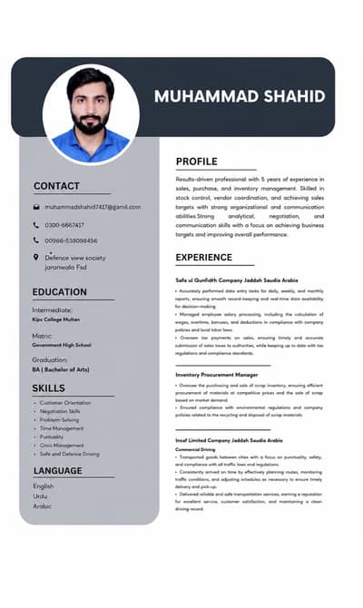Experienced Sales & Purchase  for Job – Khurrianwala faisalabad