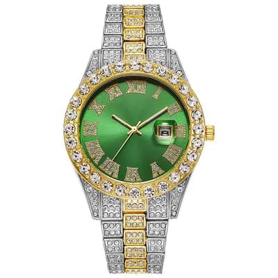 Men's European Style Diamond Watch with Green Dial