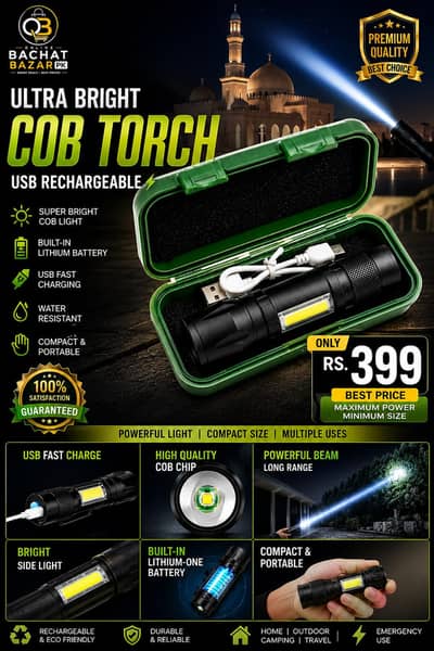Rechargeable LED Flashlight Torch | USB Fast Charging | COB Side Light