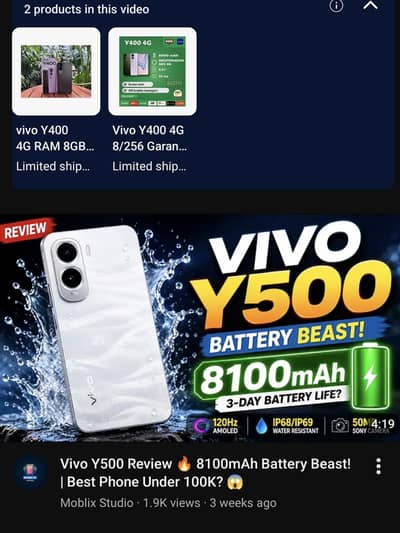 Vivo y500.8gb 256