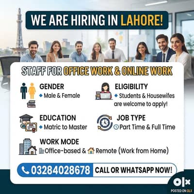 Office & Online Work Jobs Available – Male/Female (Lahore)