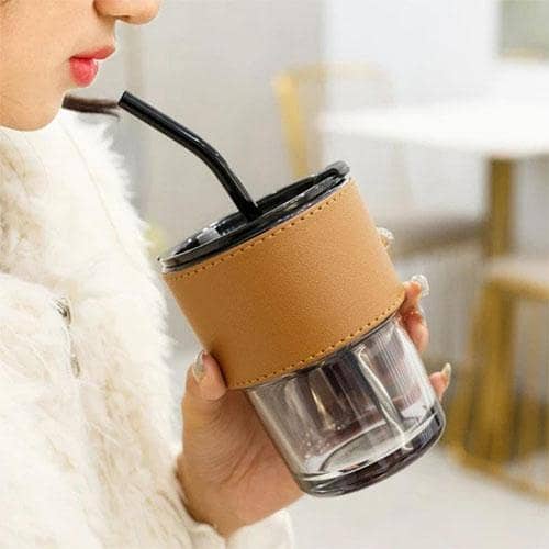 Coffee Mug with Straw Lid And Leather Protective Sleeve- Suitable for Coffee Tea Drink-Anti-Slip Cup in pakistan