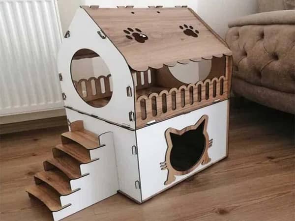 Luxury Wooden Cat House with Stairs & Balcony – Indoor Cat Bed, Pet Villa, Kitten Play House for Home