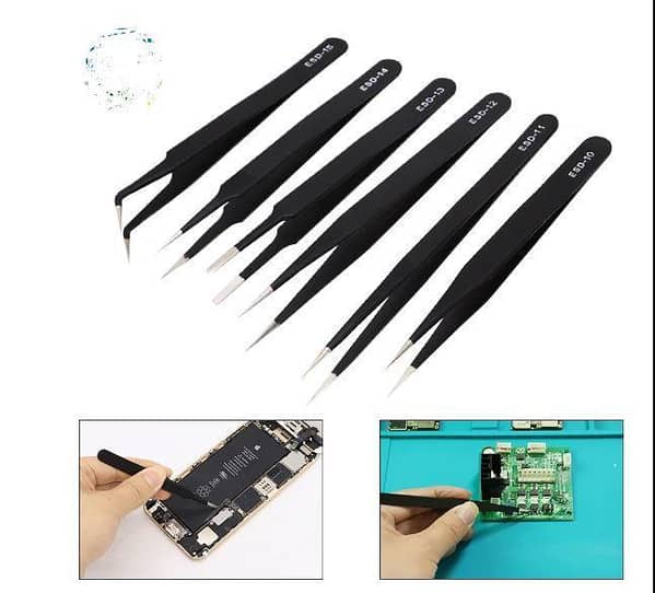 6-Piece ESD Safe Stainless Steel Tweezers Set for Industrial Maintenance and Model Making