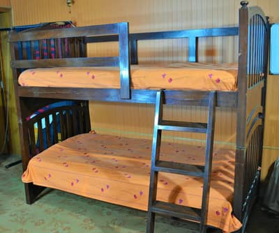 Bunk Bed Made Of Wood With Ladder, Border And Mattress For Sale