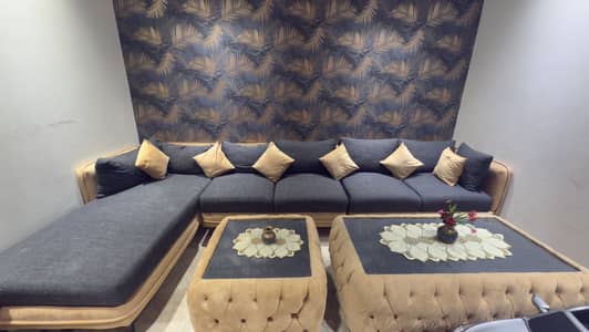 Luxury custom L-Shape 7seater Sofa Set with 2 center table like new