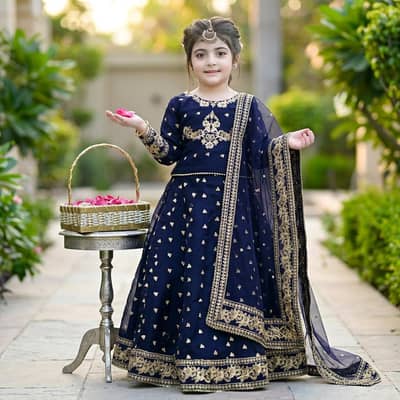 Kids blue Embroidered Lehenga set 3 Pcs silk