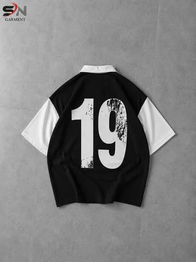 Men's Black & White Oversized Graphic Polo T-Shirt – Premium Casual S