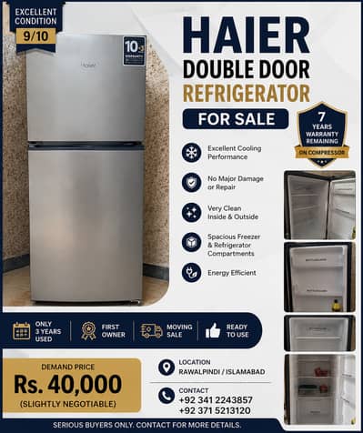 Haier Double Door Refrigerator For Sale | 9/10 Condition | 7 Years Wa