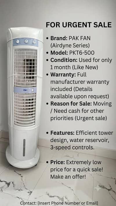 Pak Fan Tower Cooler PKT6 500 - 1 Month Used (Urgent Sale)