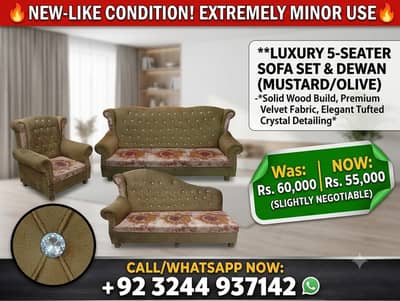 10/10 Condition Luxury 5-Seater Wooden Sofa Set + Dewan For Sale