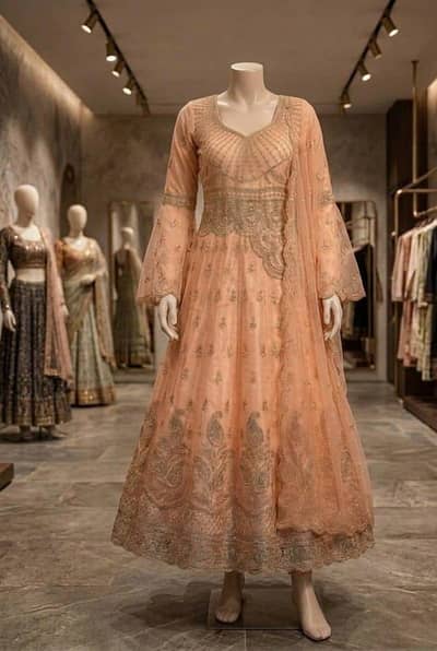 Beautiful Peach Embroidered Anarkali Maxi Dress (Size: XL)