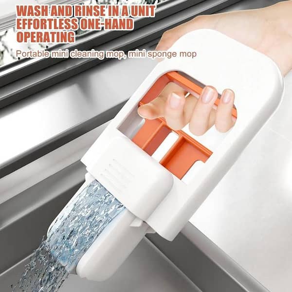 Portable Self-Squeeze Mini Mop: Introducing our mini mop that is not only portable but also features a self-squeeze mechanism. Measuring only 24.8*15.5cm and weighing a mere 180g. This compact and lightweight mop is perfect for small spaces. queeze Mini Mo