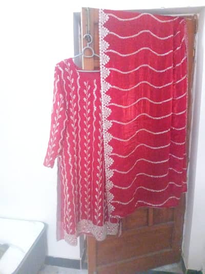 Elegant red full length embroidery suit with dupatta