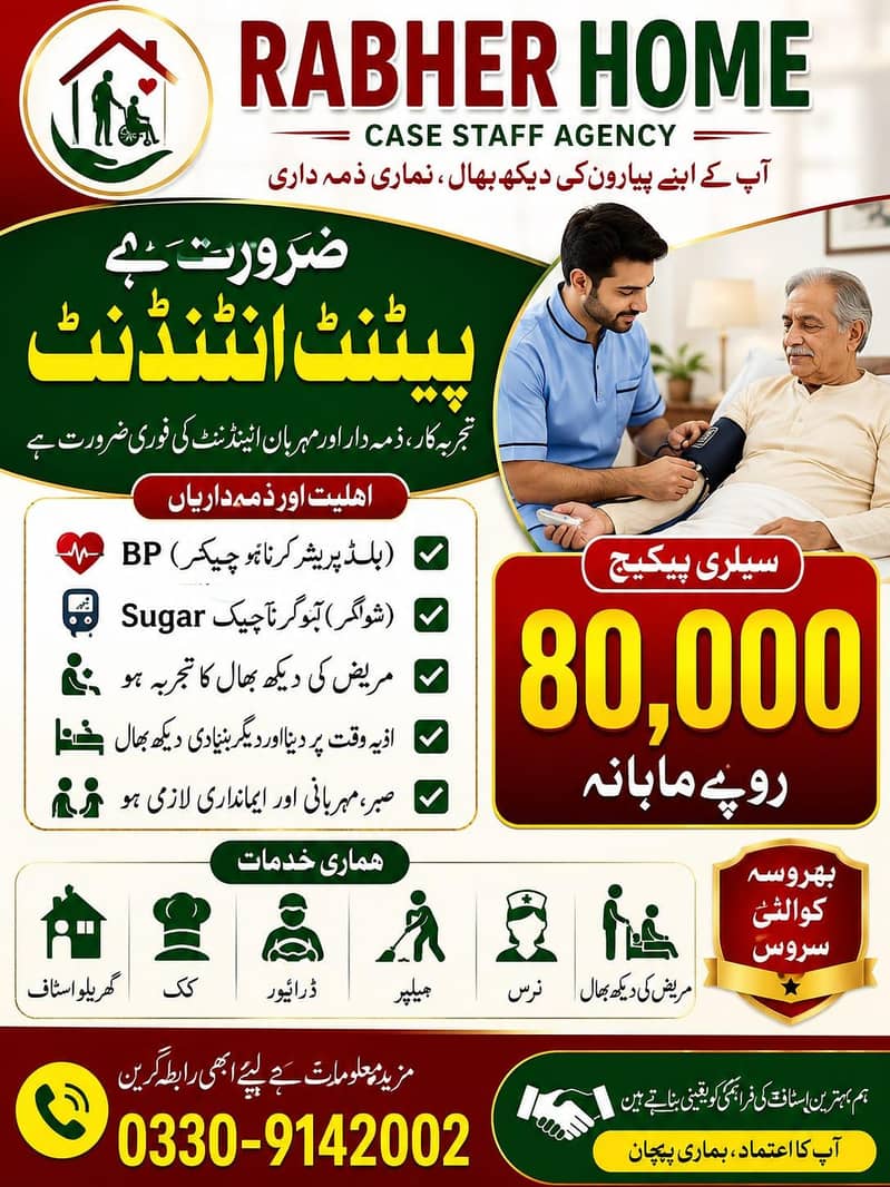 رائیبر ہوم کیئر سٹاف ایجنسی کو ایک میل پیشنٹ اٹینڈنٹ کی ضرورت ہے ۔ 0