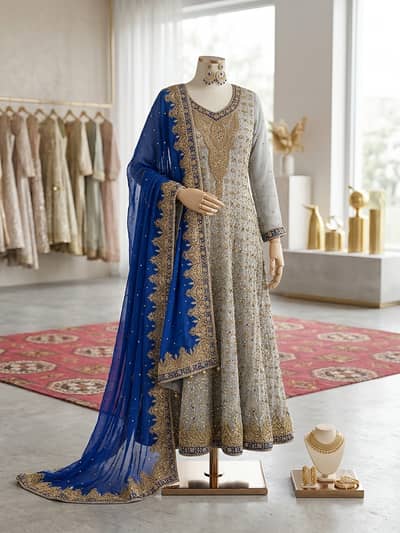 Walima Dress/ Party Wear Dress/Elegant Grey & Royal Blue Embroidered W