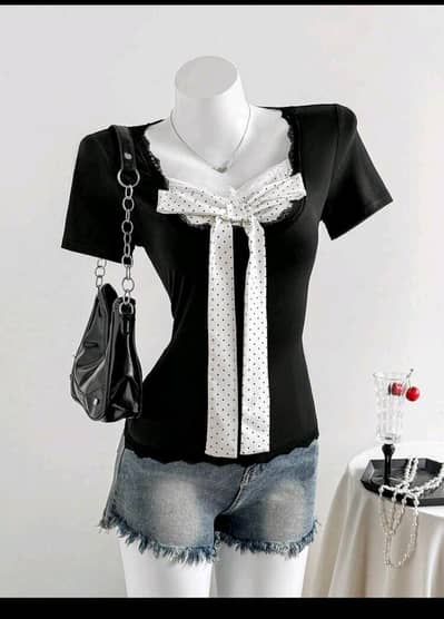 Black Coquette Bow Top | Polka Dot Lace Trim Milkmaid Tee