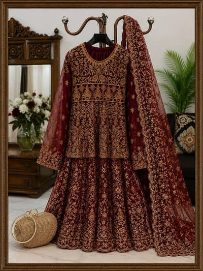 Bridal Maroon Heavy Embroidered Lehnga dress with dupatta
